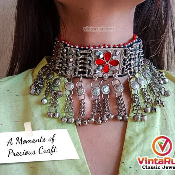 Tribal Glass Stones Choker Necklace With Dangling Tassels, Silver Kuchi Choker - Picture 1 of 8
